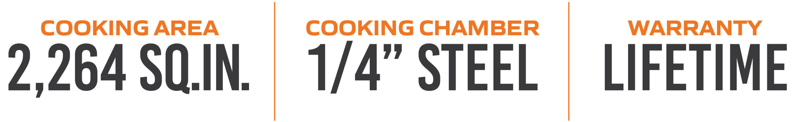 Cooking Area: 2,262 Square Inches, Steel Thickness: 1/4 Inch, Warranty: Lifetime